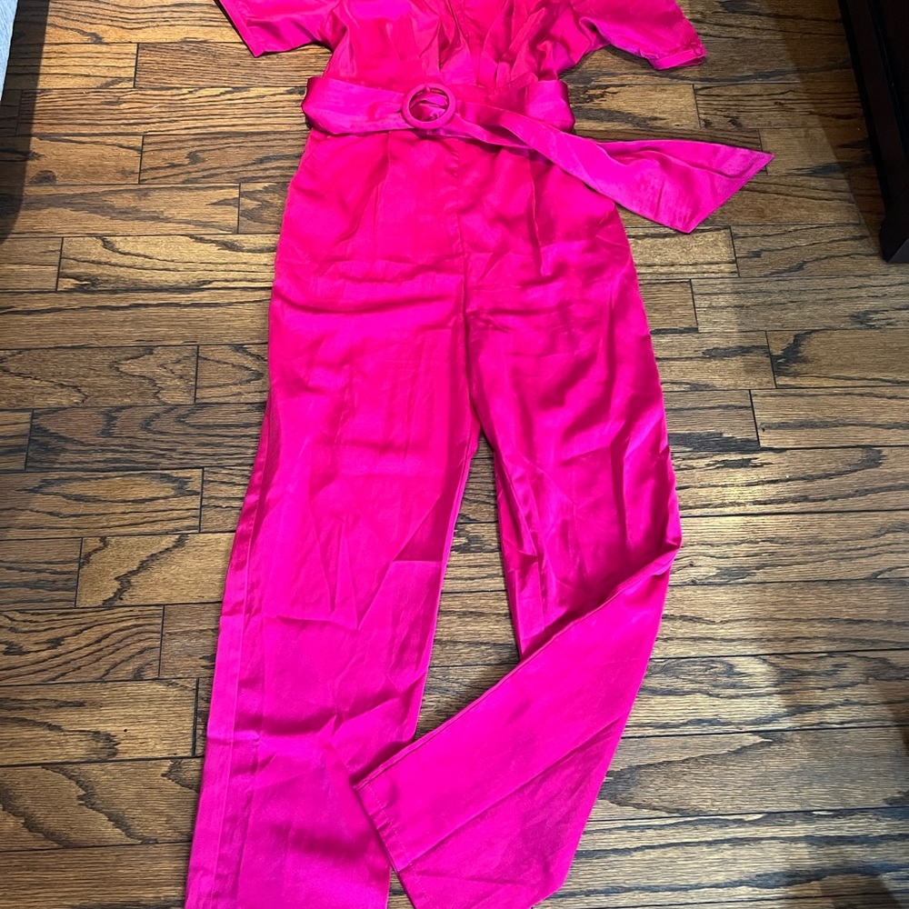 Bright Pink Belted Satin Jumpsuit